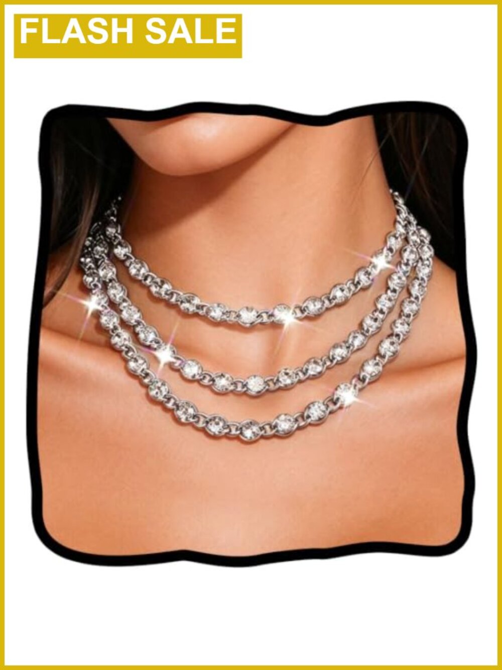 Layered Rhinestone Necklace Silver Alloy Crystal Collar Prom Jewelry